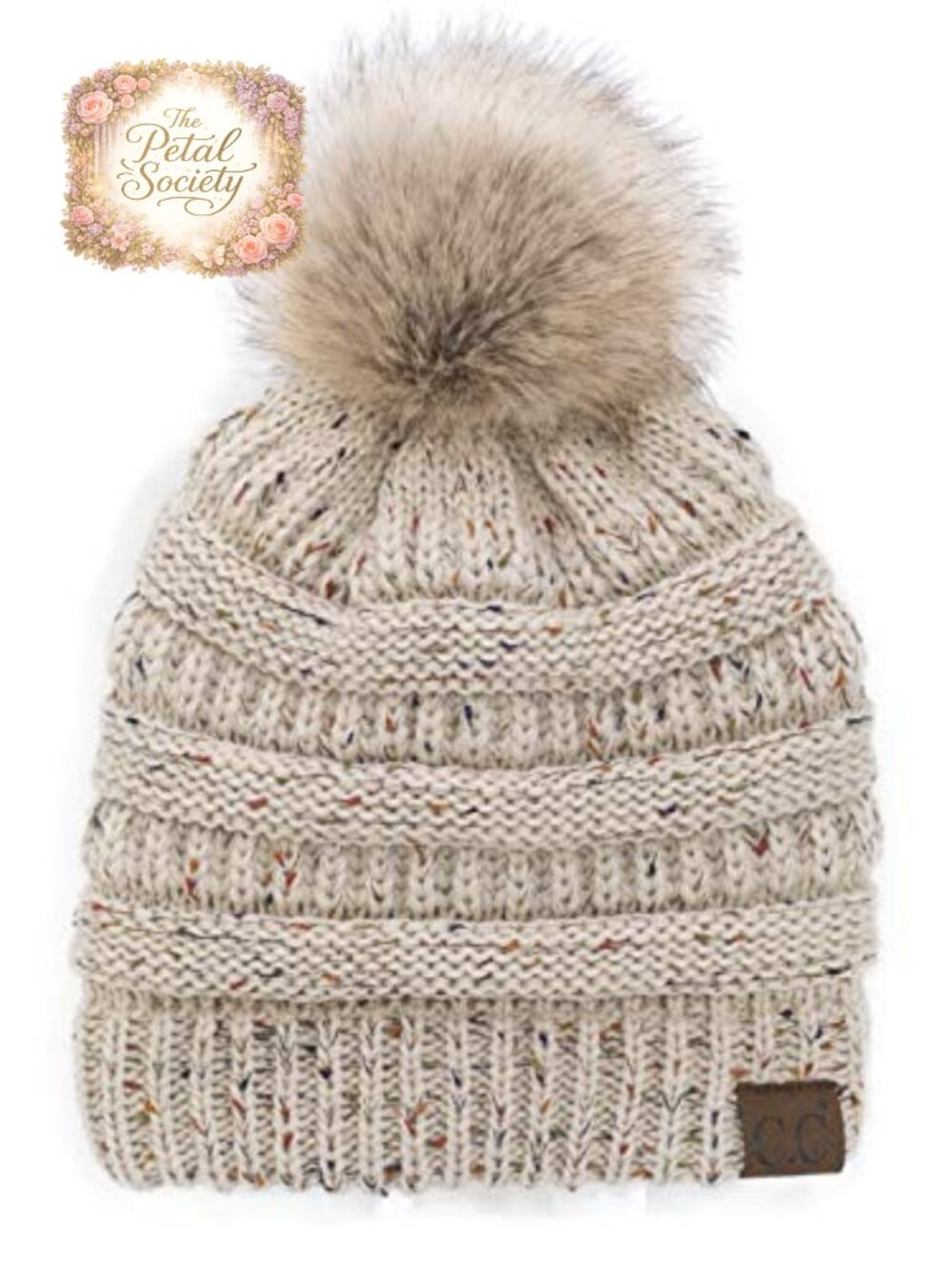 Fuzzy Fleece Lined Cable Knit Ribbed Faux Fur Pom Pom Beanie